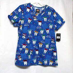 NWT Dickies Dental Theme Short Sleeve V Neck Graphic Scrub Top With Pockets